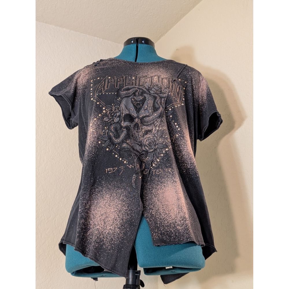 Affliction‎ Women XL Black Bleached Distressed Skull Graphic Open Back T-Shirt